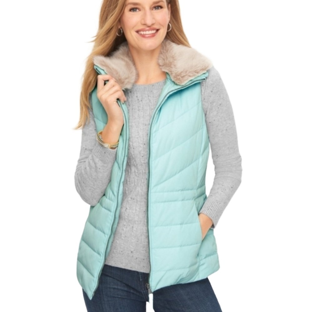 Talbots Light Aqua Blue Quilted Vest Vegan Fur Collar Woman's Size Large Petite
